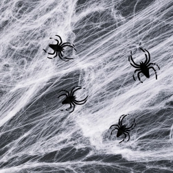 Weiße Halloween-Spinnweben mit Spinnen