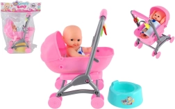 Babypuppe mit Kinderwagen und Töpfchen