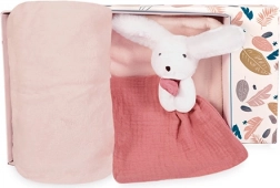 Geschenkset Fröhlicher Hase: Plaid und Rosa Kuschelhase