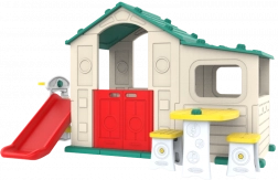 Großes Kinderspielhaus mit Vorraum, Rutsche und grünem Dach