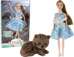 Puppe Emily Frühling mit langen Haaren in blauem Kleid und Kätzchen