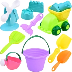 Set mit Sandspielzeug mit buntem Eimer und Auto