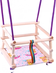 Bunte Holzschaukel mit Kissen