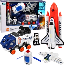 Weltraum-Set mit Rakete, Space Shuttle, Satellit, Drohne, Astronaut und Fahrzeug