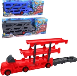 Roter Lastwagen mit Anhänger und Rennstrecke