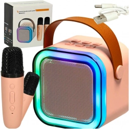 Karaoke-Set mit Bluetooth-Lautsprecher, 2 kabellosen Mikrofonen und LED-Beleuchtung 6 W – rosa
