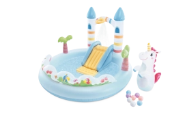 Aufblasbares Spielzentrum Einhornschloss mit Rutsche und Wassersprinkler