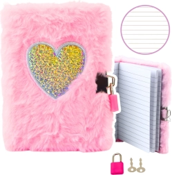 Plüsch-Tagebuch mit Schloss, rosa Herz A6, 80 Blätter