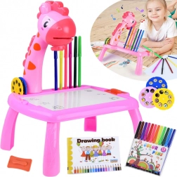Kinderprojektor Giraffe mit Zeichentisch und 12 Filzstiften – Rosa