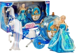 Puppe mit Kutsche und Pferd zum Kämmen – blaues Set