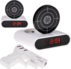 Wecker mit Schießscheibe und Pistole, Spielmodus und Alarmaufnahme