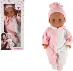 Puppenbaby HAMIRO 40 cm mit festem Körper im weiß-rosa Overall und rosa Mützchen