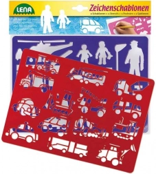 Zeichenschablonen mit Motiven von Verkehrsmitteln und Menschen