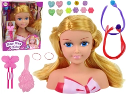 Stylingpuppenkopf mit Perlen, Haarnadeln und bunten Strähnen