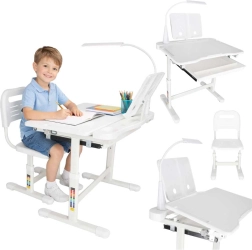 Mitwachsender Kinderschreibtisch mit Stuhl und LED-Lampe, weiß