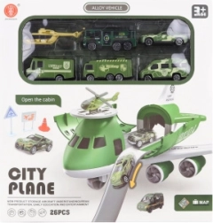 Flugzeug mit ausklappbarer Garage und Militärautos