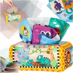 Montessori-Sensorikbox mit bunten Taschentüchern und Tierchen