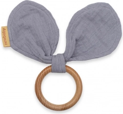 Holz-Beißring mit Musselin-Öhrchen New Baby, grau