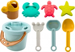 Pastellfarbenes Sandspiel-Set mit Eimer, Schaufel, Harke, Sieb und Förmchen