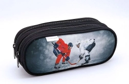 Etui mit Eishockey-Motiv, 2 Reißverschlüsse, grau