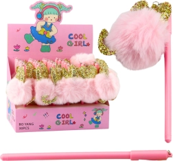 Gelstift mit rosa Pompon, blaue Tinte, 17 cm, 0,5 mm