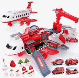 Aufklappbares Flugzeug mit großem Parkplatz und Kran – Feuerwehr-Set