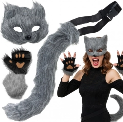 Set Katze / Fuchs / Wolf RUHHY 4-in-1 – Maske, Schwanz und Pfoten, grau