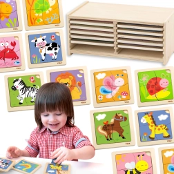 VIGA Holzpuzzle mit 12 Tafeln im Ständer