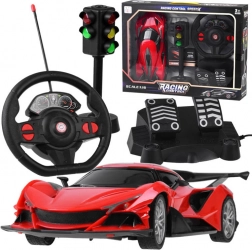 RC-Sportwagen mit Lenkrad, Pedalen und Ampel 1:16 – Rot