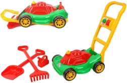 Kinder-Rasenmäher aus Kunststoff mit Zubehör im Netz