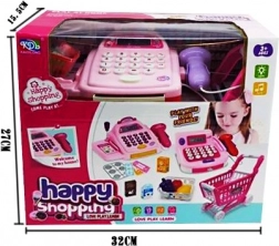 Kasse mit Supermarktwagen und Einkäufen