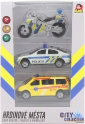 City Collection Set: Polizeimotorrad, Polizeiauto und Krankenwagen mit Licht und Sound