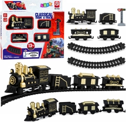Klassischer batteriebetriebener Zug mit Lokomotive, Waggons und Schienen – 13 Teile