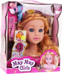 Stylingkopf mit blonden Haaren und Zubehör