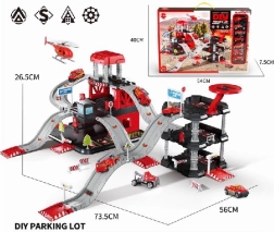 Parkhaus mit 6 Metallautos und Hubschrauber