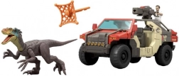 Jurassic World Geländewagen mit Fahrer und Velociraptor