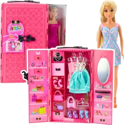 Puppe mit rosa Kleiderschrank und modischen Accessoires