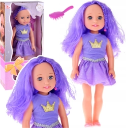 Puppe mit lila Haaren, lila Kleid und Haarbürste