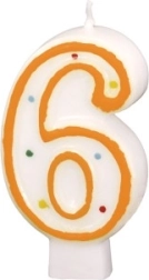 Geburtstagskerze mit der Nummer 6, weiß mit bunten Punkten