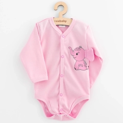 Baby-Body mit durchgehender Knopfleiste und langen Ärmeln NEW BABY Happy Elephant, rosa