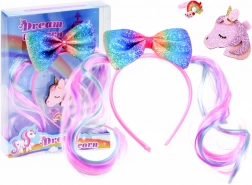 Mädchenset Haar-Accessoires mit Regenbogen-Schleife, Einhorn und Ring