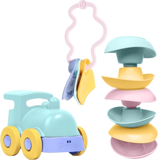 Simple. Spielzeugset für Babys – mintfarbene Lokomotive, Boote und Beißring
