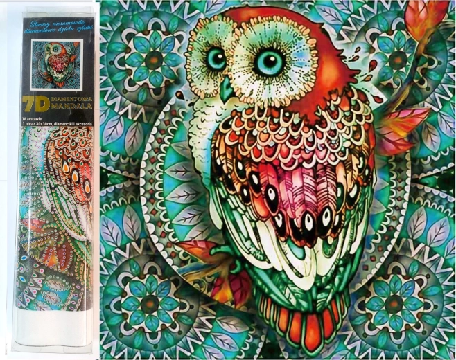 Diamantmalerei 7D – Eule auf blauer Mandala 30 × 30 cm