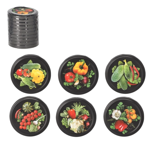 Set aus mattschwarzen Einkochdeckeln 82 mm mit Gemüsemotiv, 10 Stk.