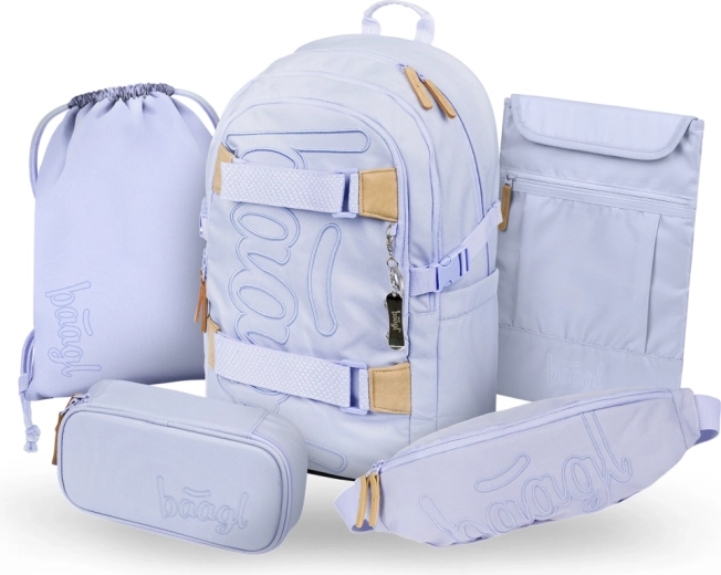 Baagl Set 5 Skate Lilac: Schulrucksack, Federmäppchen, Beutel, Hüfttasche und Laptop-Hülle