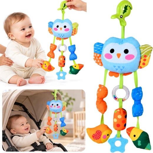 Sensorisches Hängespielzeug Eule für Kinderwagen und Babybett