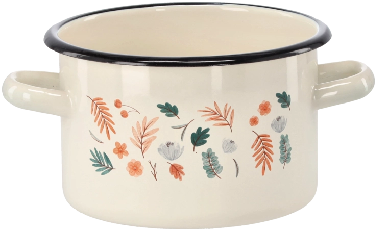 Emaillierter Topf 2 l, 16 cm, cremefarben mit Blättern