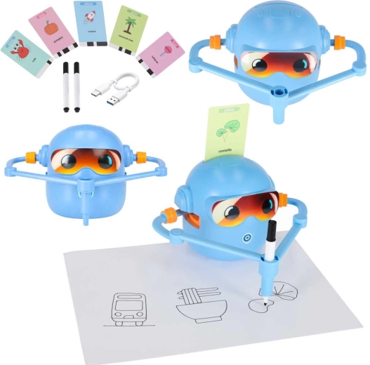 Interaktiver Zeichenroboter für Kinder – Lernset mit Karten und Filzstiften, blau