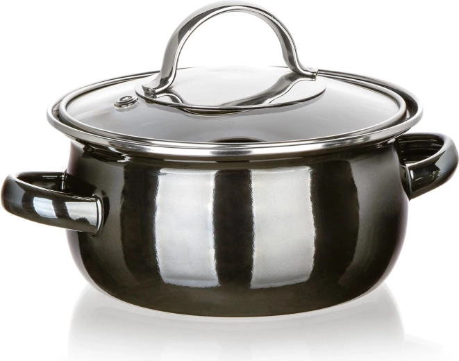 Emaille-Topf mit Glasdeckel 14 cm, 0,7 l, Metallic Black