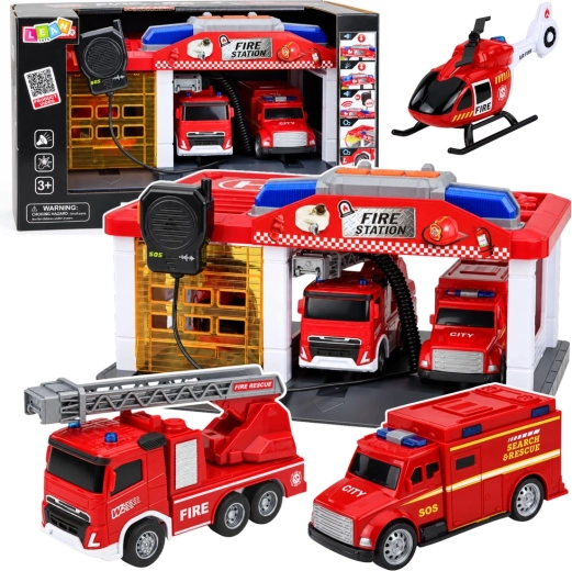 Feuerwache mit Garage, Fahrzeugen, Hubschrauber und Funkgerät